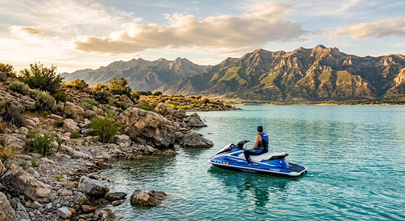 A personal watercraft idling near the rocky shoreline of Willard Bay with the Wasatch Mountains in the background