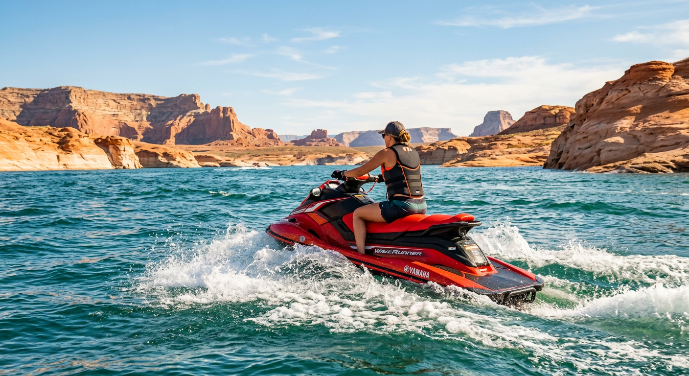 A rider gripping the handlebars of a personal watercraft cutting through the choppy waters of a Utah reservoir