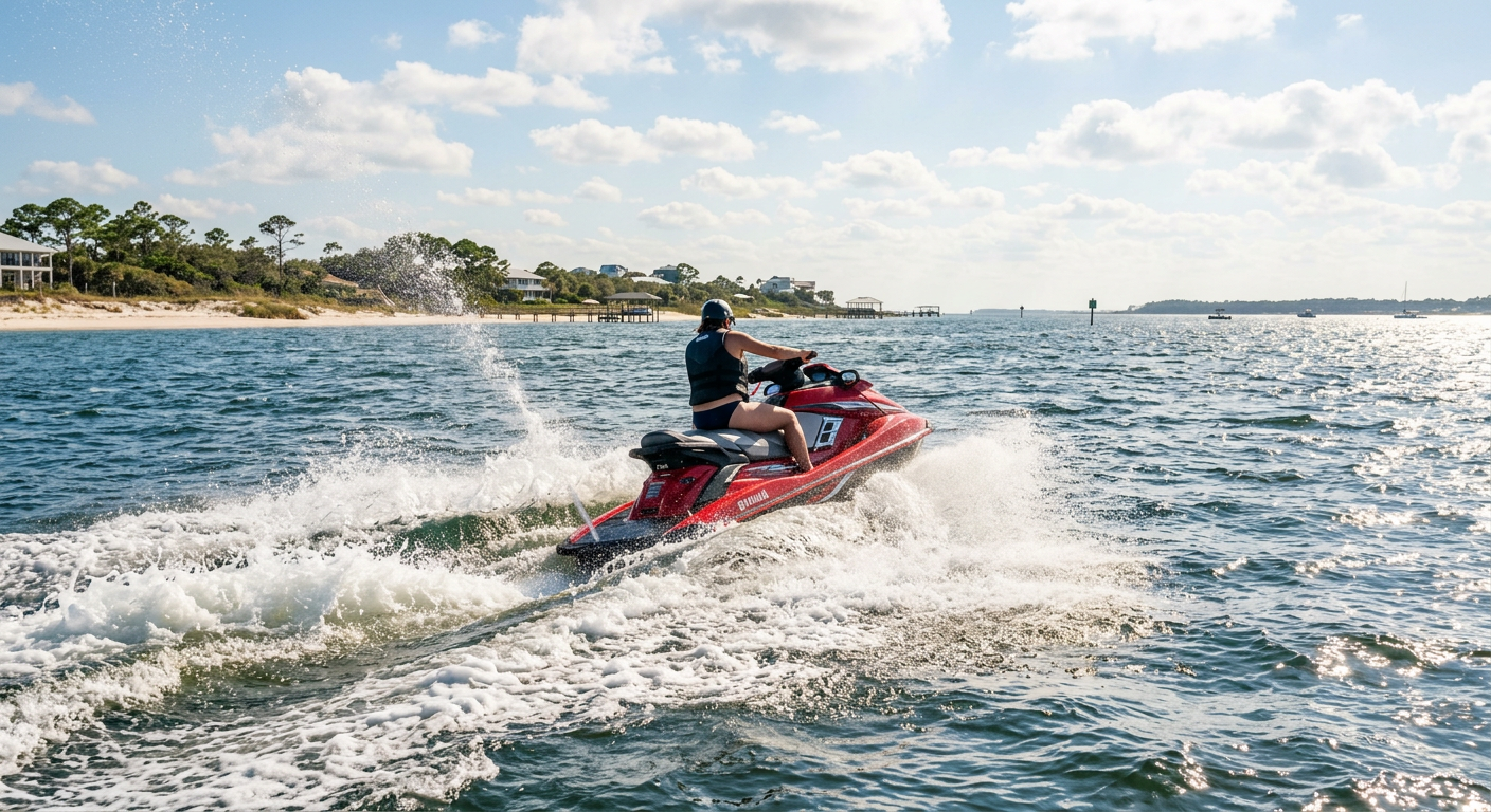 Jet ski cutting through afternoon chop on the Santa Rosa Sound under a bright sun
