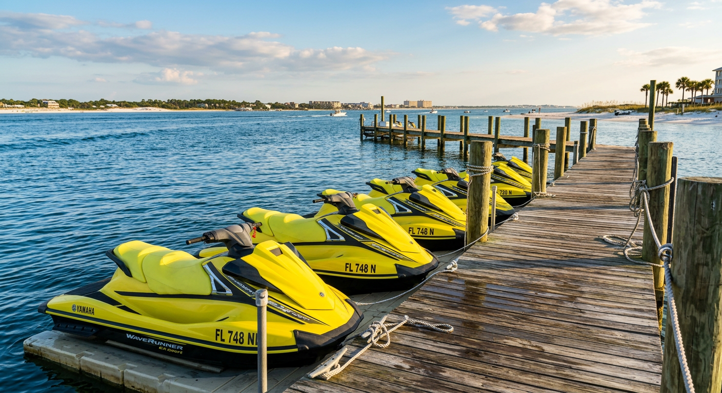 Row of yellow Yamaha jet skis tied to a wooden dock on the Santa Rosa Sound