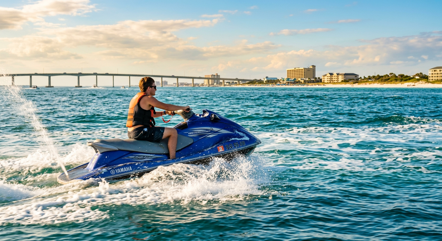 A rider navigating a scuffed blue jet ski through the choppy waters of Santa Rosa Sound
