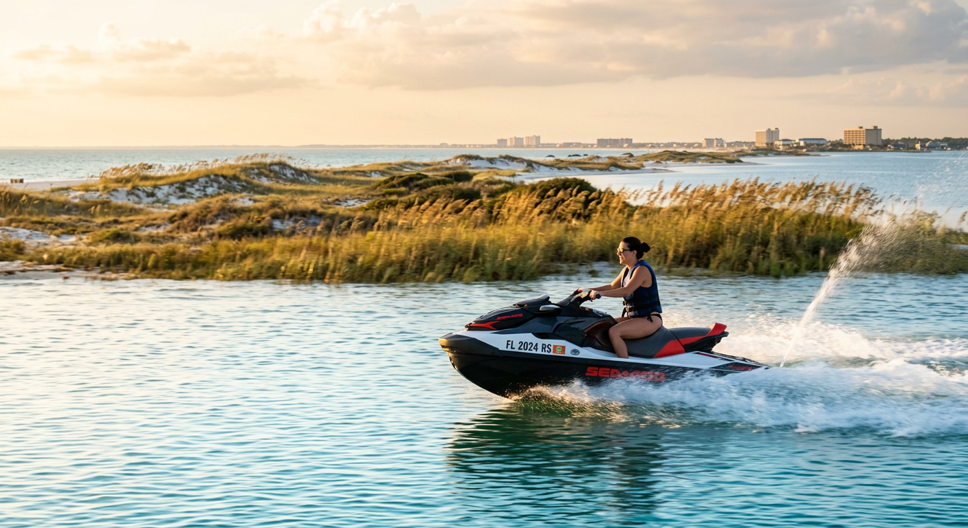 A rider gliding a jet ski over the calm water of the Santa Rosa Sound with barrier island sea oats in the background