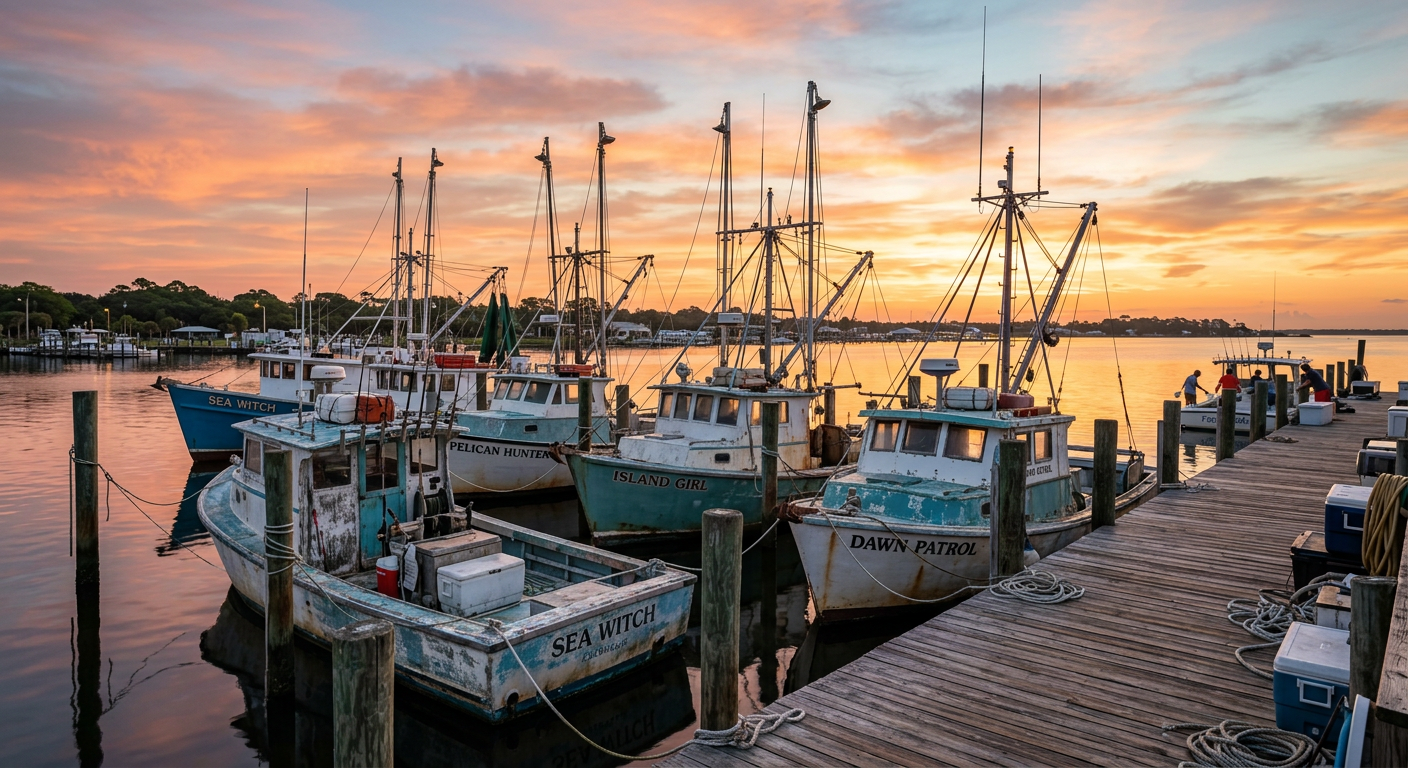 Weathered fishing charter boats docked at dawn in the Florida Panhandle