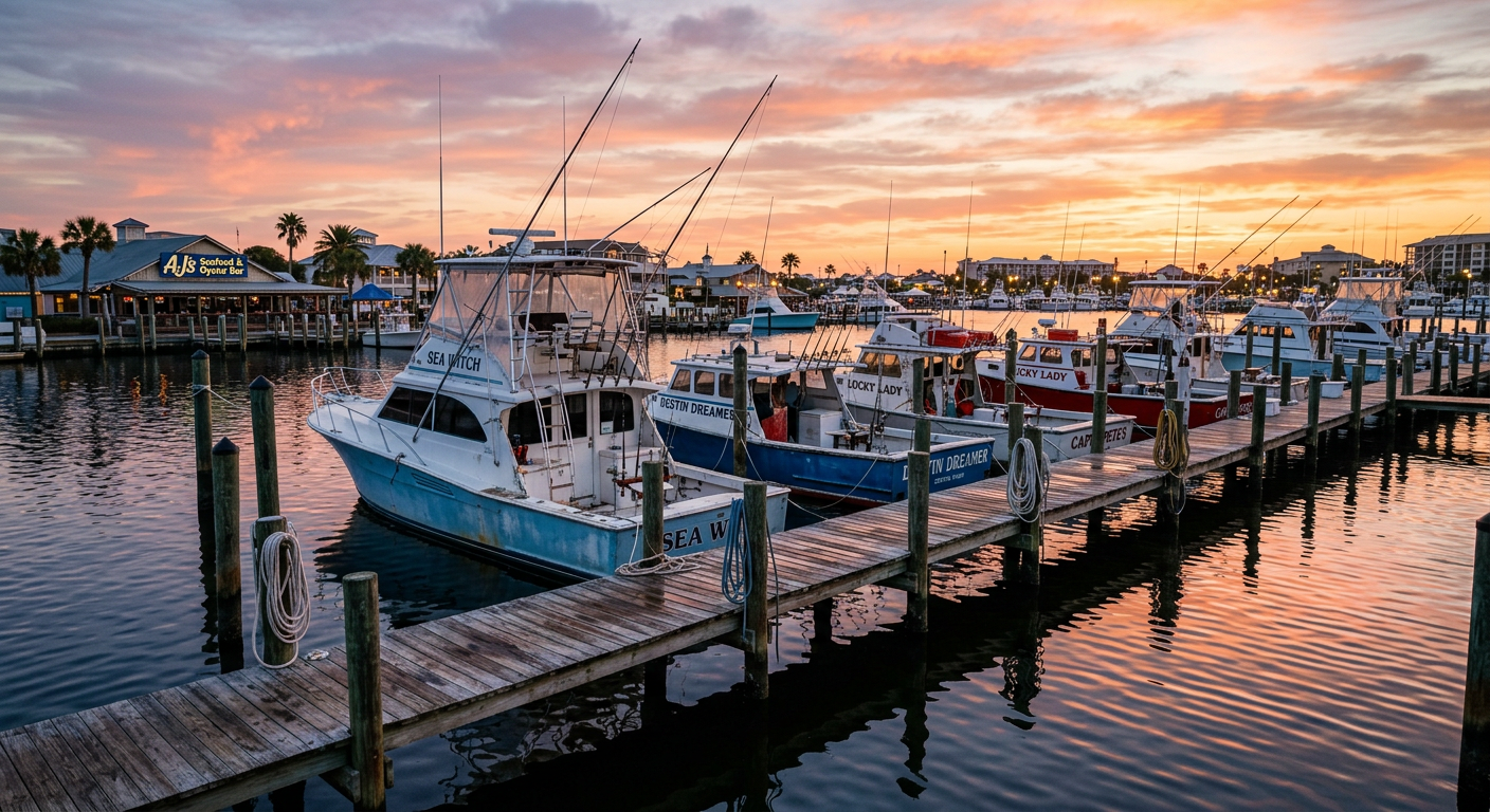 Weathered charter fishing boats tied to wooden docks in Destin harbor at dawn