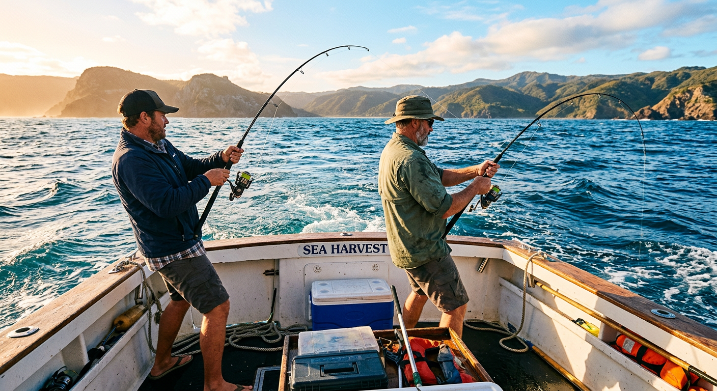 Two anglers holding bent fishing rods on a boat deck with the ocean in the background