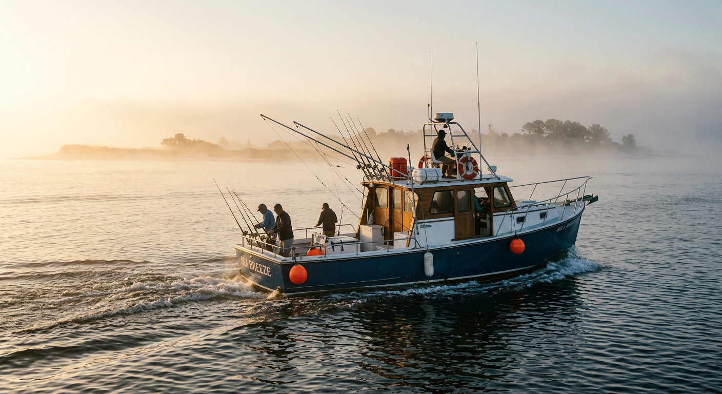 A fishing charter boat cutting through thick morning fog on the Gulf Coast