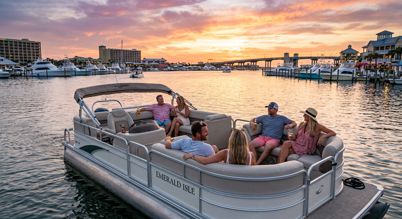 Passengers relaxing on a clean pontoon boat at sunset in the Destin harbor