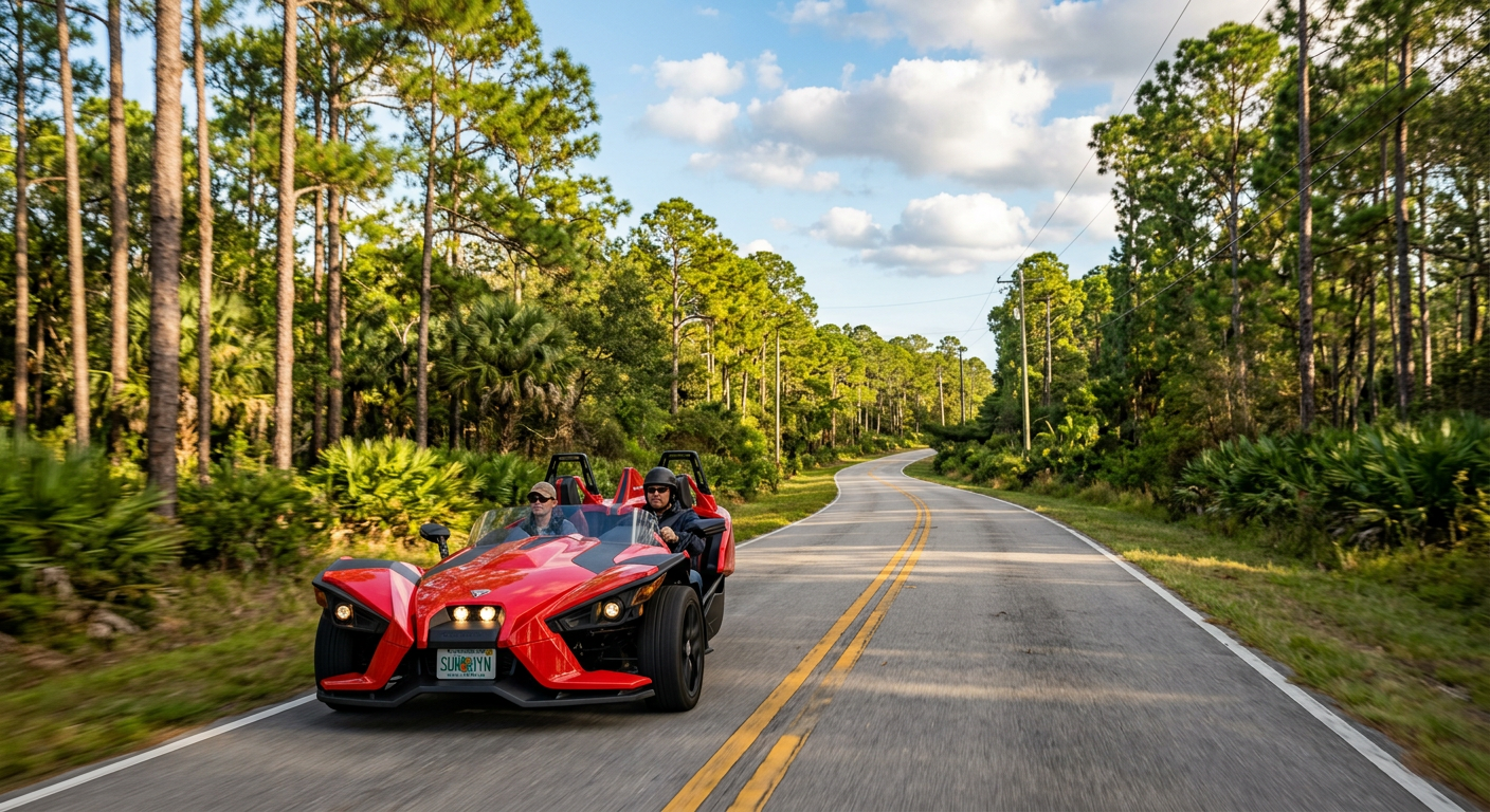 An open-top Polaris Slingshot driving on a two-lane rural Florida highway lined with tall pine trees
