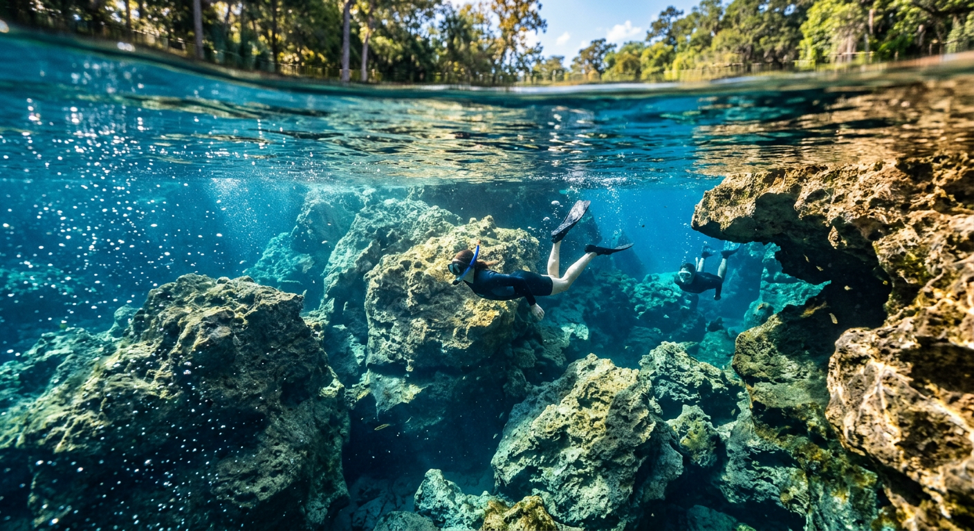 Swimmers navigating the rocky underwater limestone formations at the main springs in Central Florida