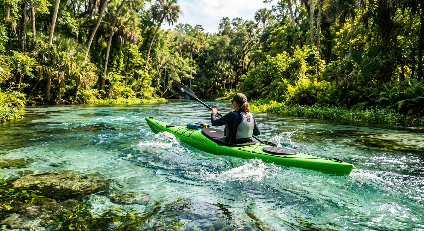 A green kayak pushing against the flowing current of a clear spring
