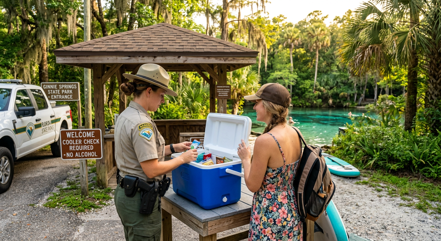 A park ranger checking a visitor's cooler at the entrance of a Florida spring