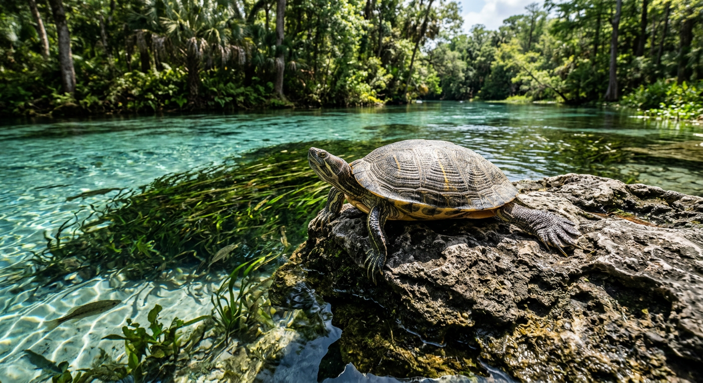 A turtle sunning on a limestone rock next to dark green eelgrass in a clear Florida spring