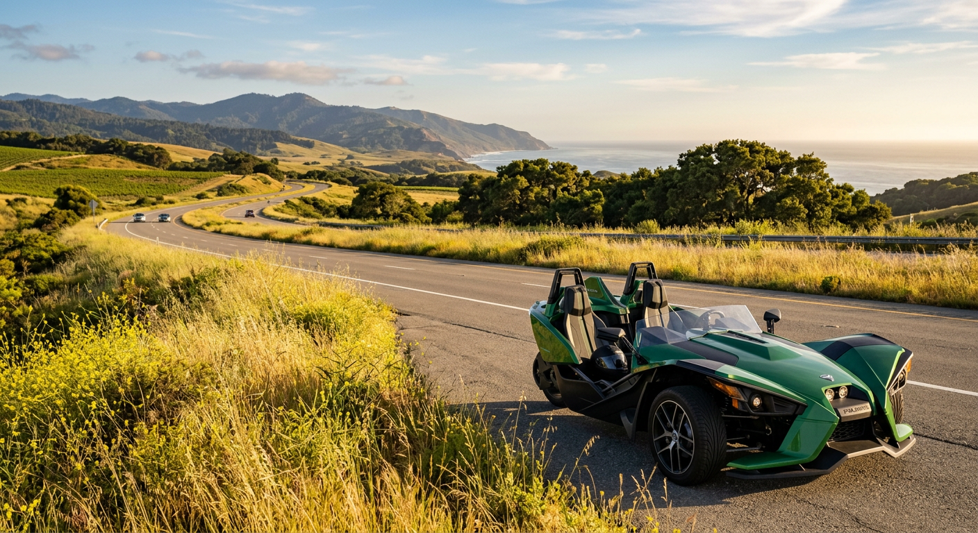 An open-air Polaris Slingshot parked near a rural sunlit highway median with tall grass