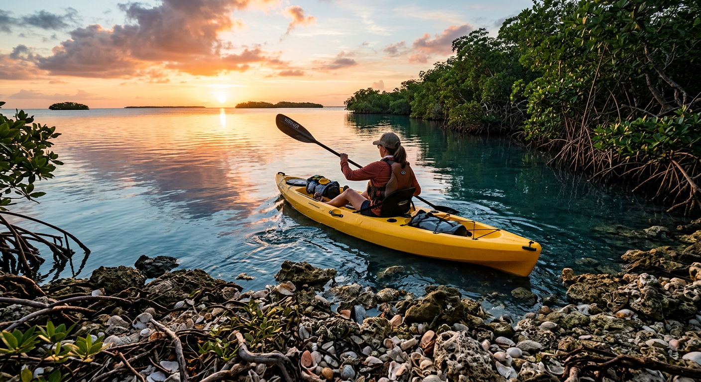 A kayaker pushing off from a rocky, shell-covered shoreline near a mangrove forest in Islamorada at sunrise