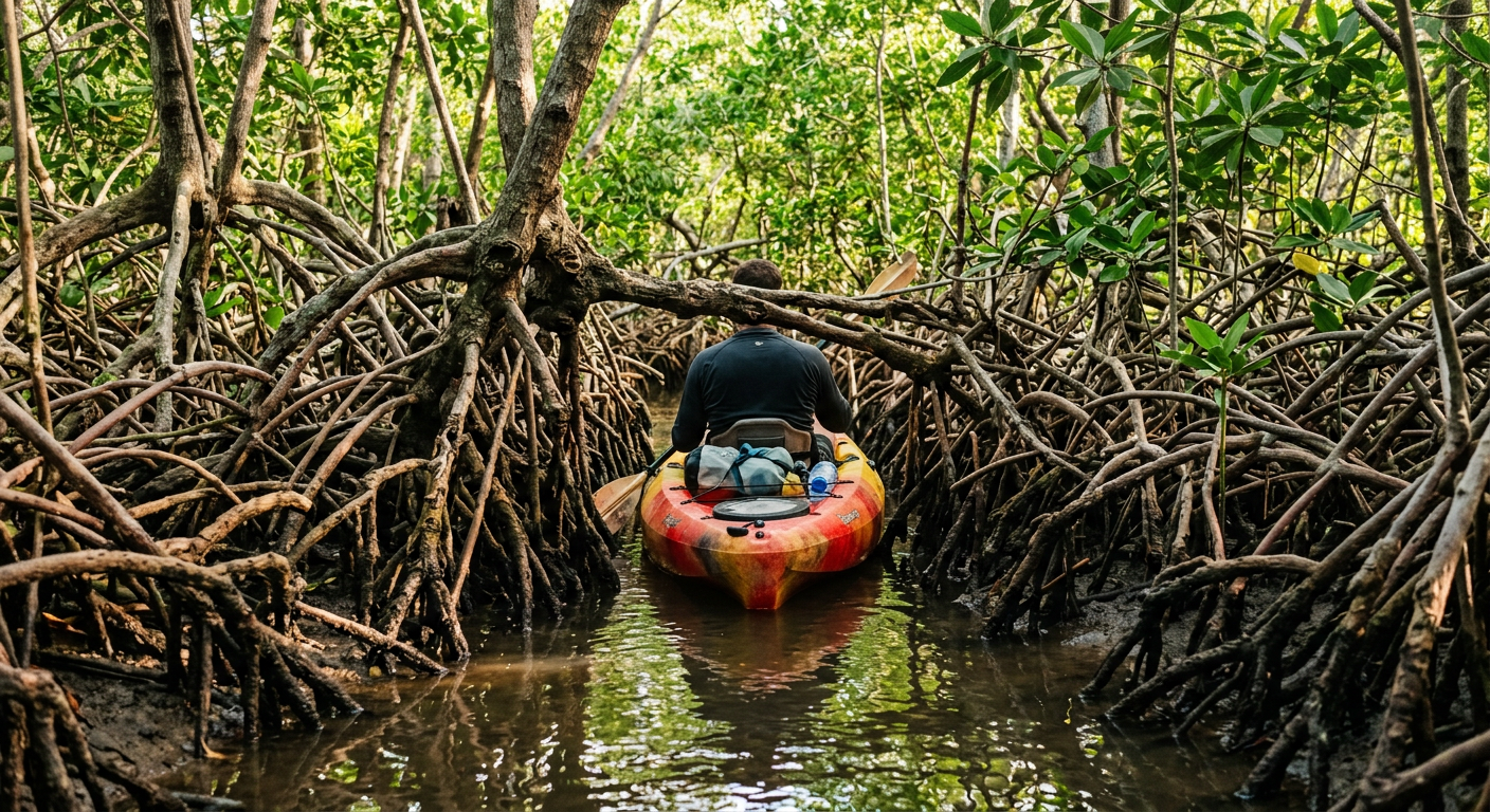 A kayak wedged into a narrow mangrove tunnel in Islamorada with dense roots blocking the path