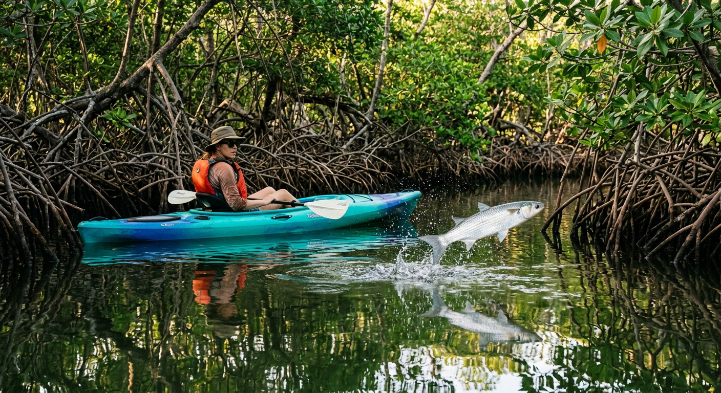 A kayaker pauses near mangrove roots as a large silver mullet jumps out of the calm water