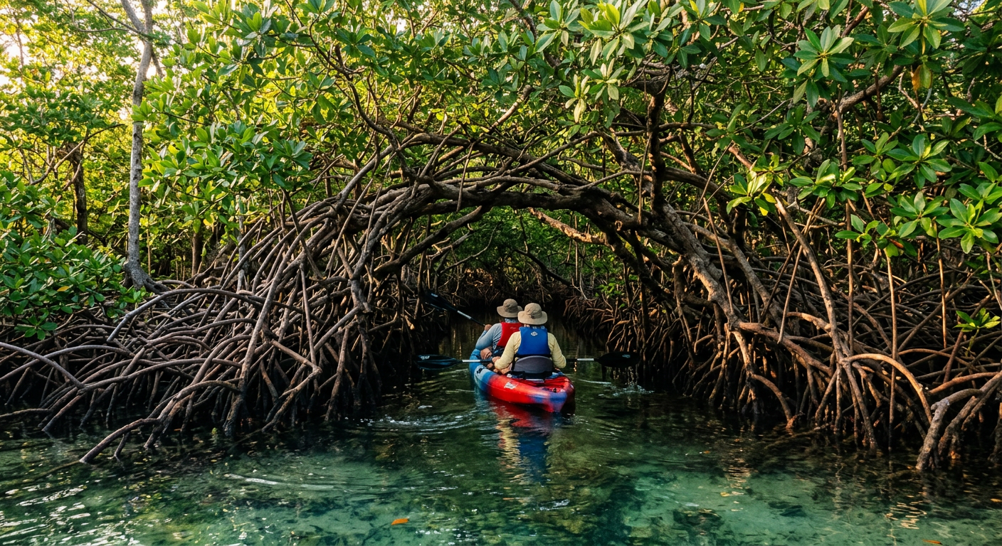 A narrow kayak tunnel surrounded by thick mangrove roots in Islamorada