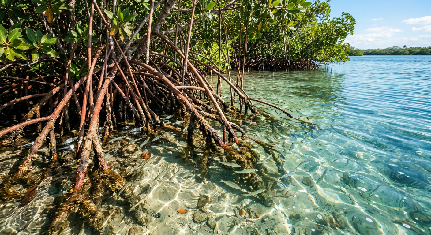 Close-up of red mangrove roots plunging into clear Florida waters with small silver fish swimming nearby
