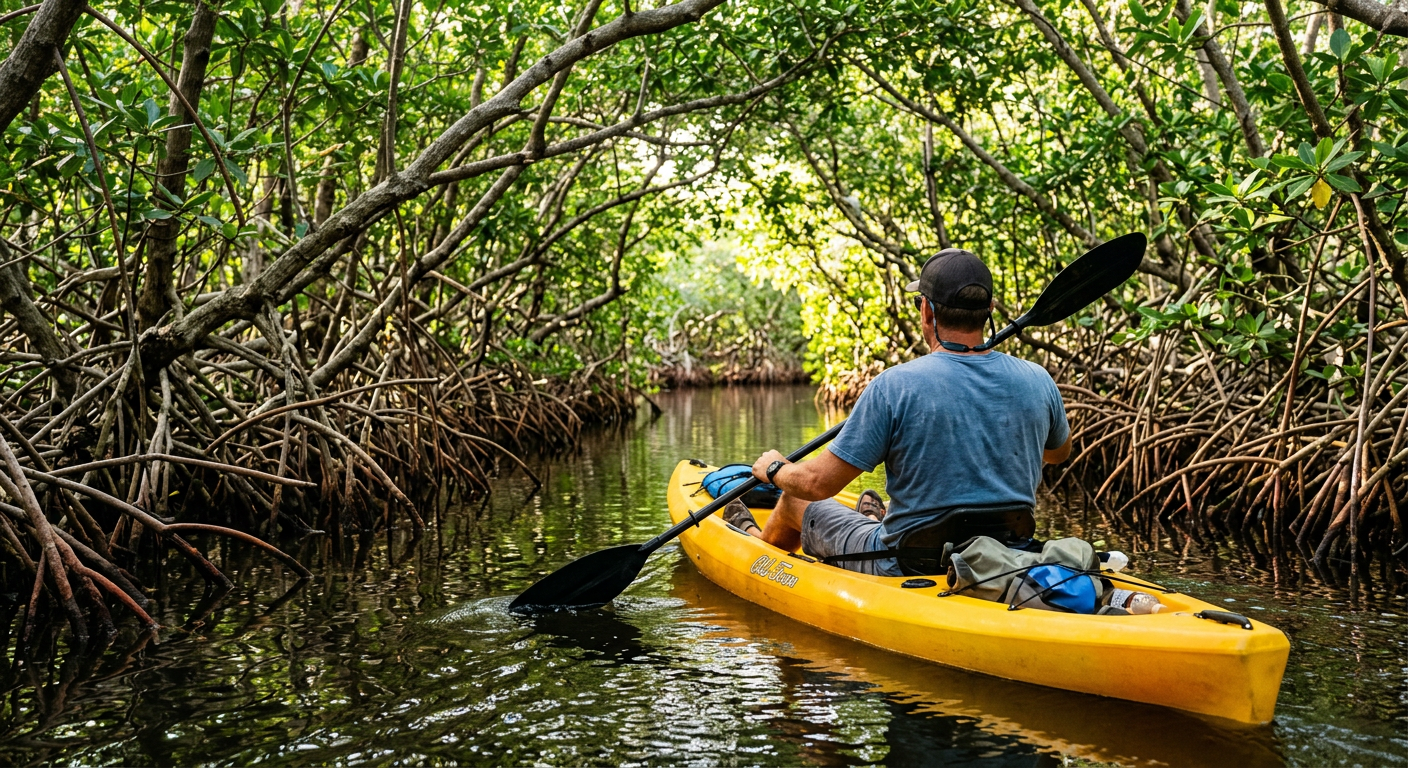 A local kayak guide navigating a narrow, shaded mangrove tunnel in Islamorada