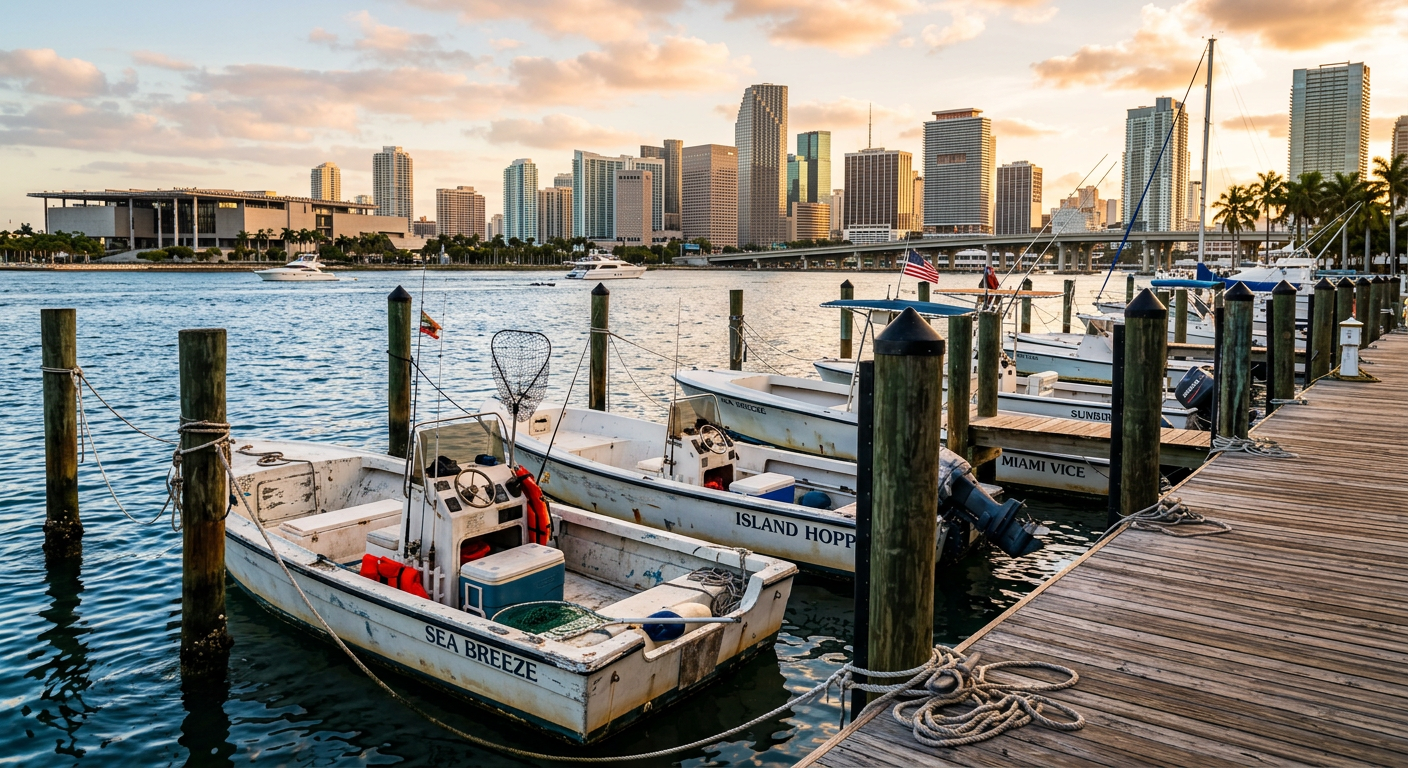 Weathered fiberglass boats tied to wooden dock pilings in a Miami marina with the city skyline in the background