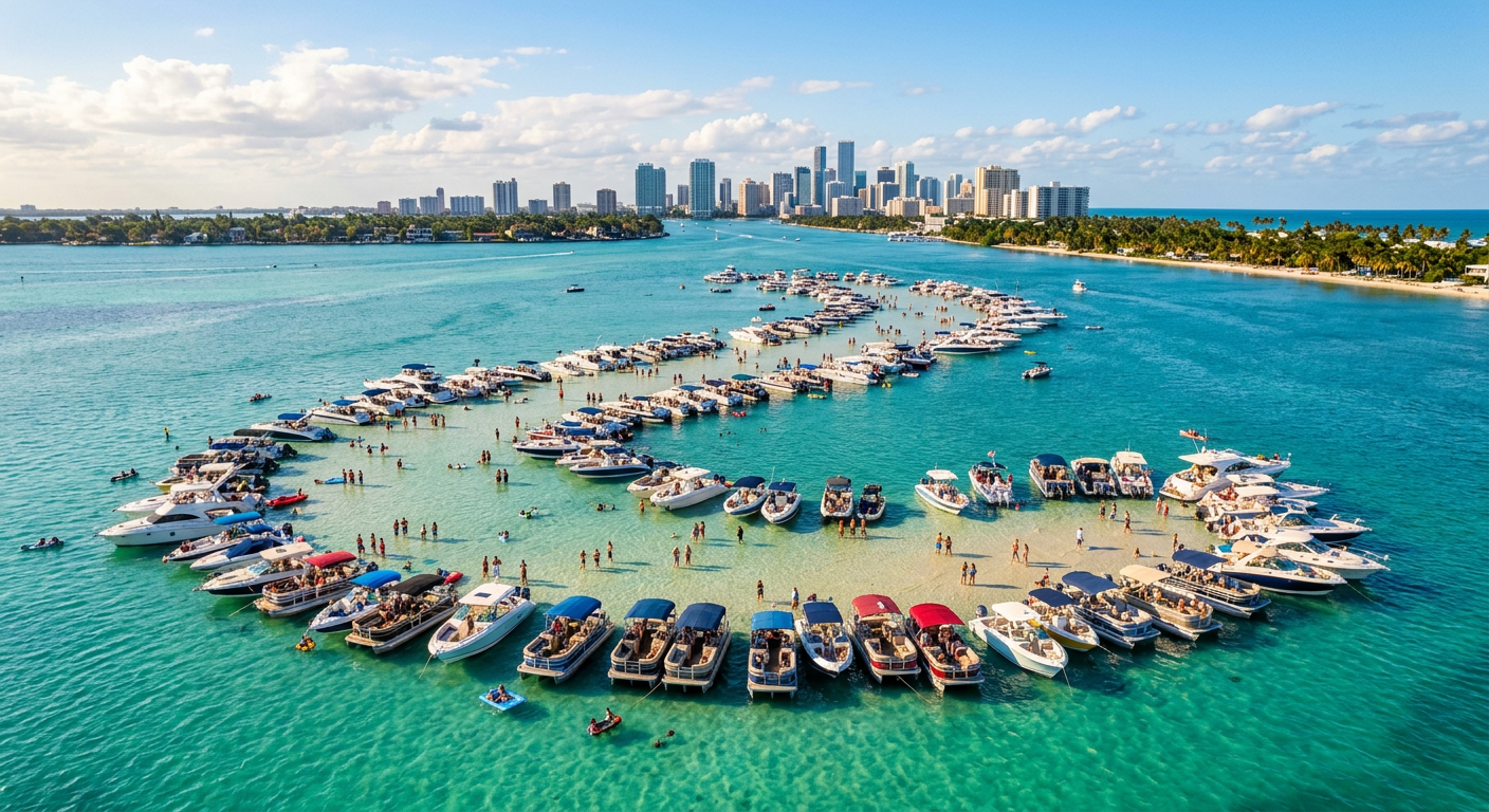Dozens of recreational boats anchored closely together in the shallow turquoise waters of a Miami sandbar