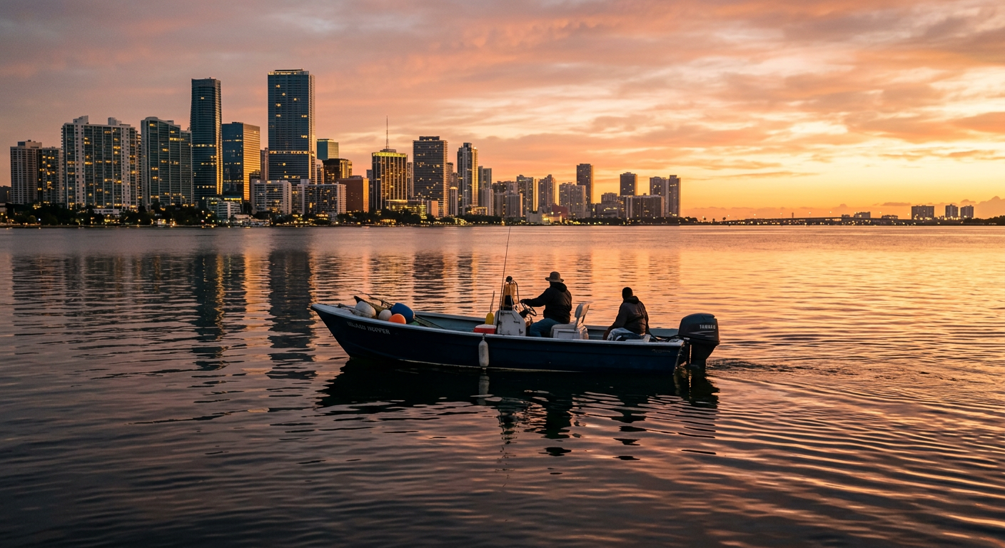 A small motorboat drifting through calm, dark water near the Miami shoreline at dawn