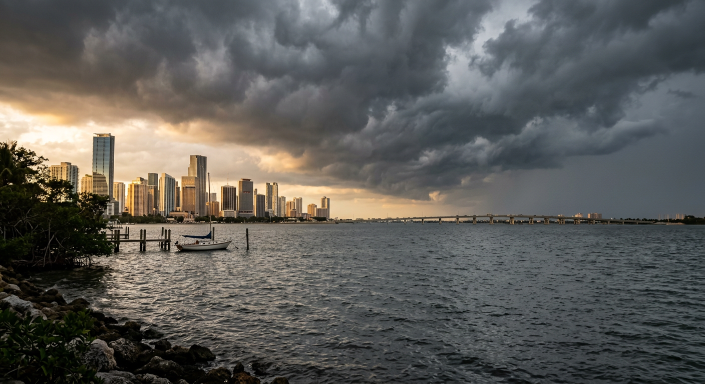 Dark storm clouds gathering over the gray waters of Biscayne Bay with the Miami skyline in the distance