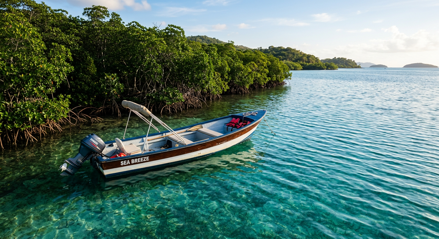 A small open-bow boat resting on calm turquoise waters near a mangrove shoreline