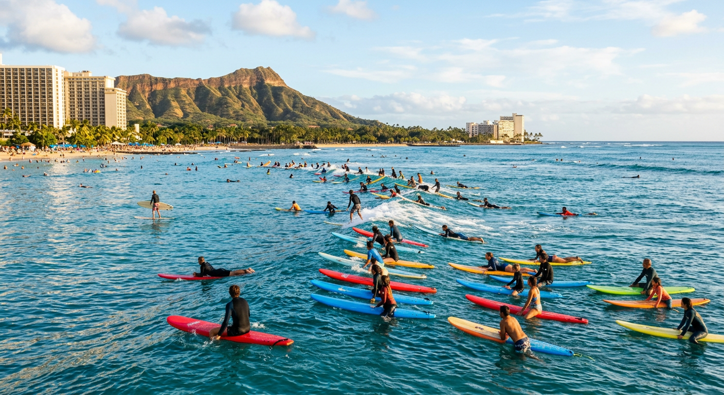 Surfers and colorful foam boards lined up in the blue water at Waikiki Beach