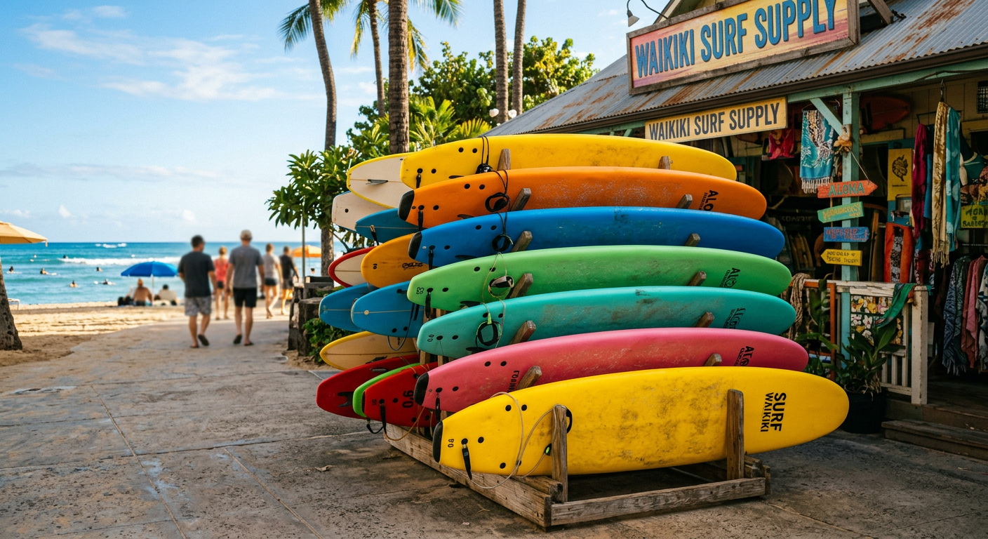 A row of vibrant foam surfboards stacked against a wooden rack near a Waikiki shop