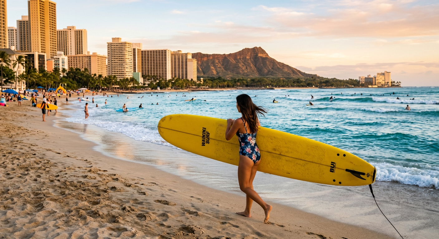 A surfer carrying a massive yellow foam longboard across the sand toward the ocean in Waikiki