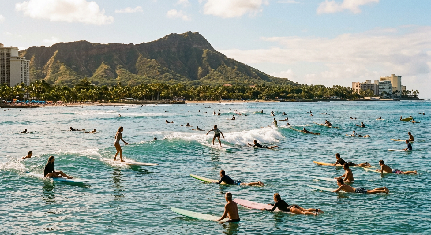 Surfers of varying skill levels catching small waves over the Waikiki reef with Diamond Head in the distance