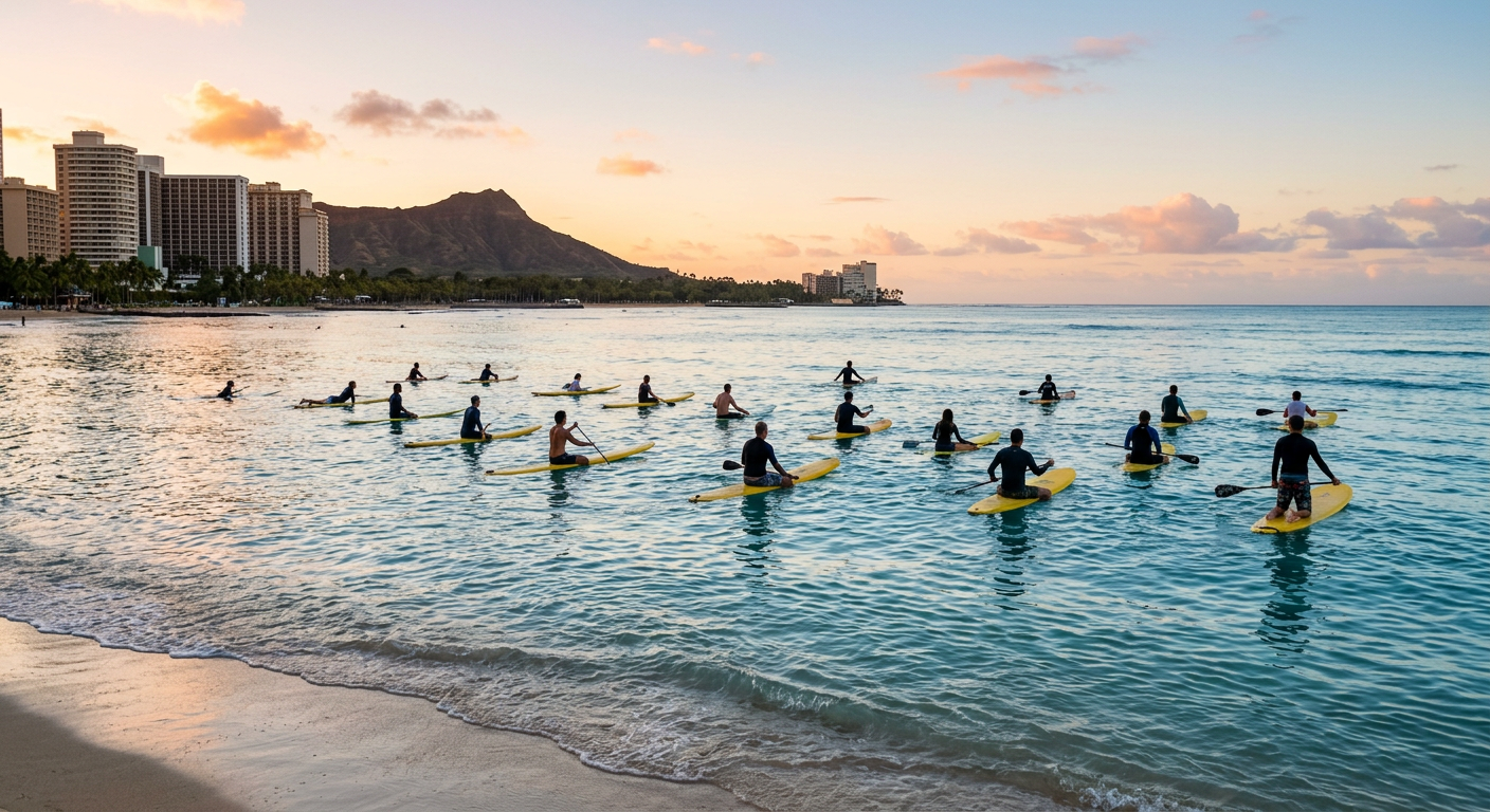 Calm morning water at Waikiki beach with surfers paddling out on yellow longboards
