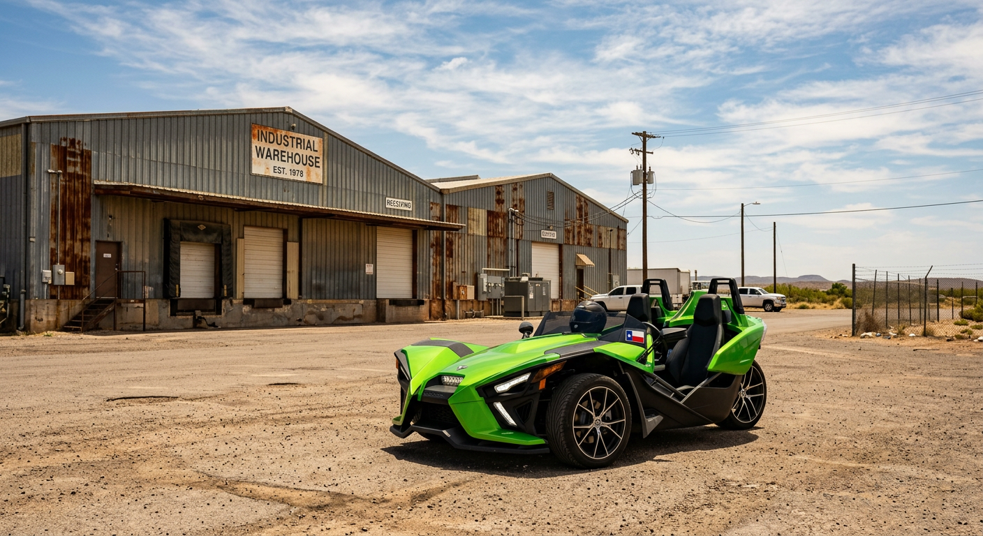 A bright green Polaris Slingshot parked in front of large industrial metal warehouses under a harsh Texas sun