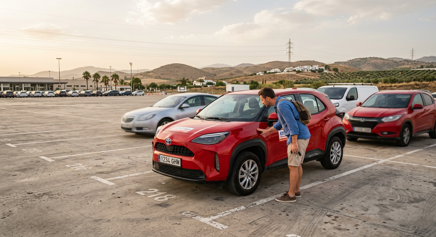 A driver inspecting a red rental vehicle parked on a large concrete lot under a hazy sky