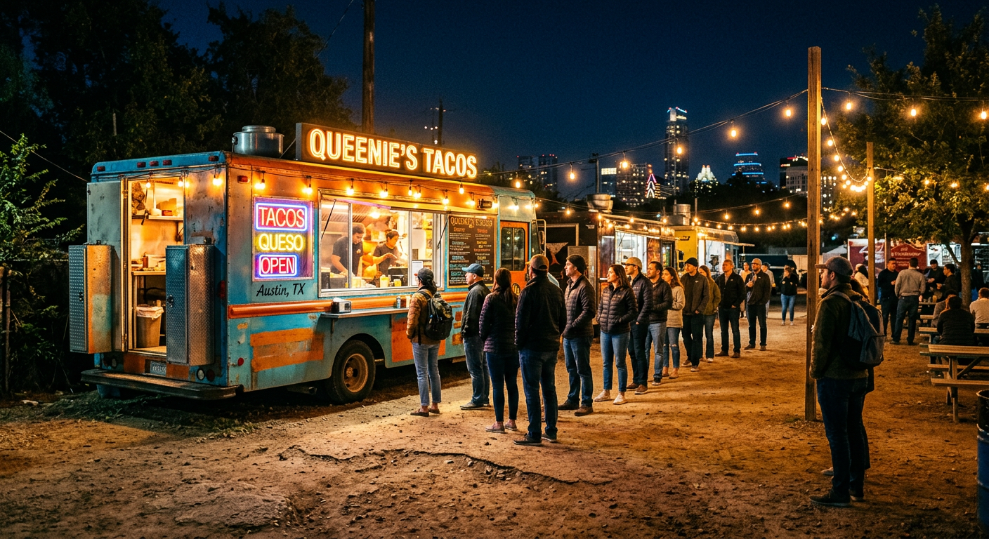 A dusty dirt lot in Austin at night with a brightly lit food truck and a line of people waiting