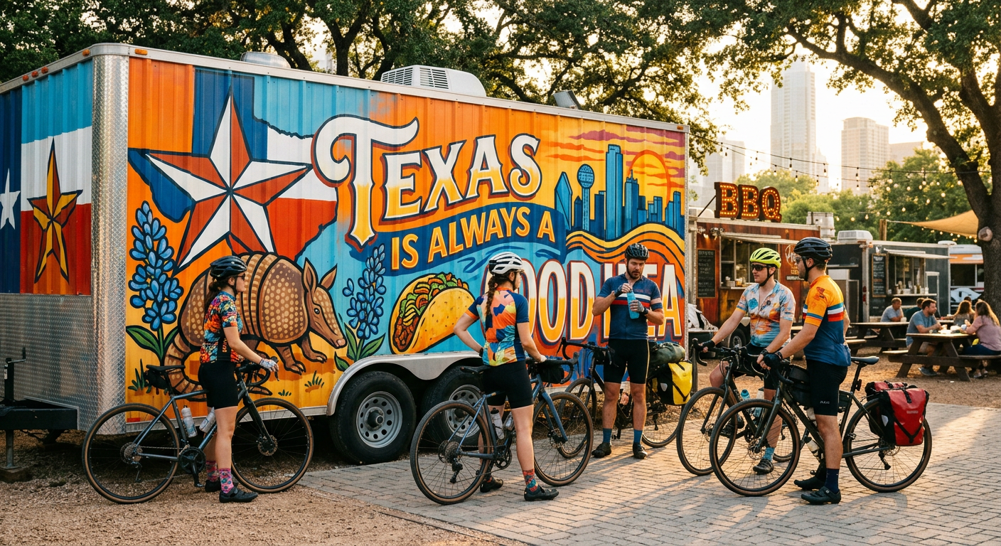 A group of cyclists stopping in front of a bright, Texas-themed mural painted on the side of a food trailer lot