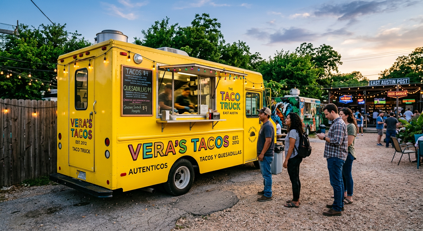 A bright yellow taco truck parked on a gravel lot in East Austin, with a short line of locals waiting by the ordering window