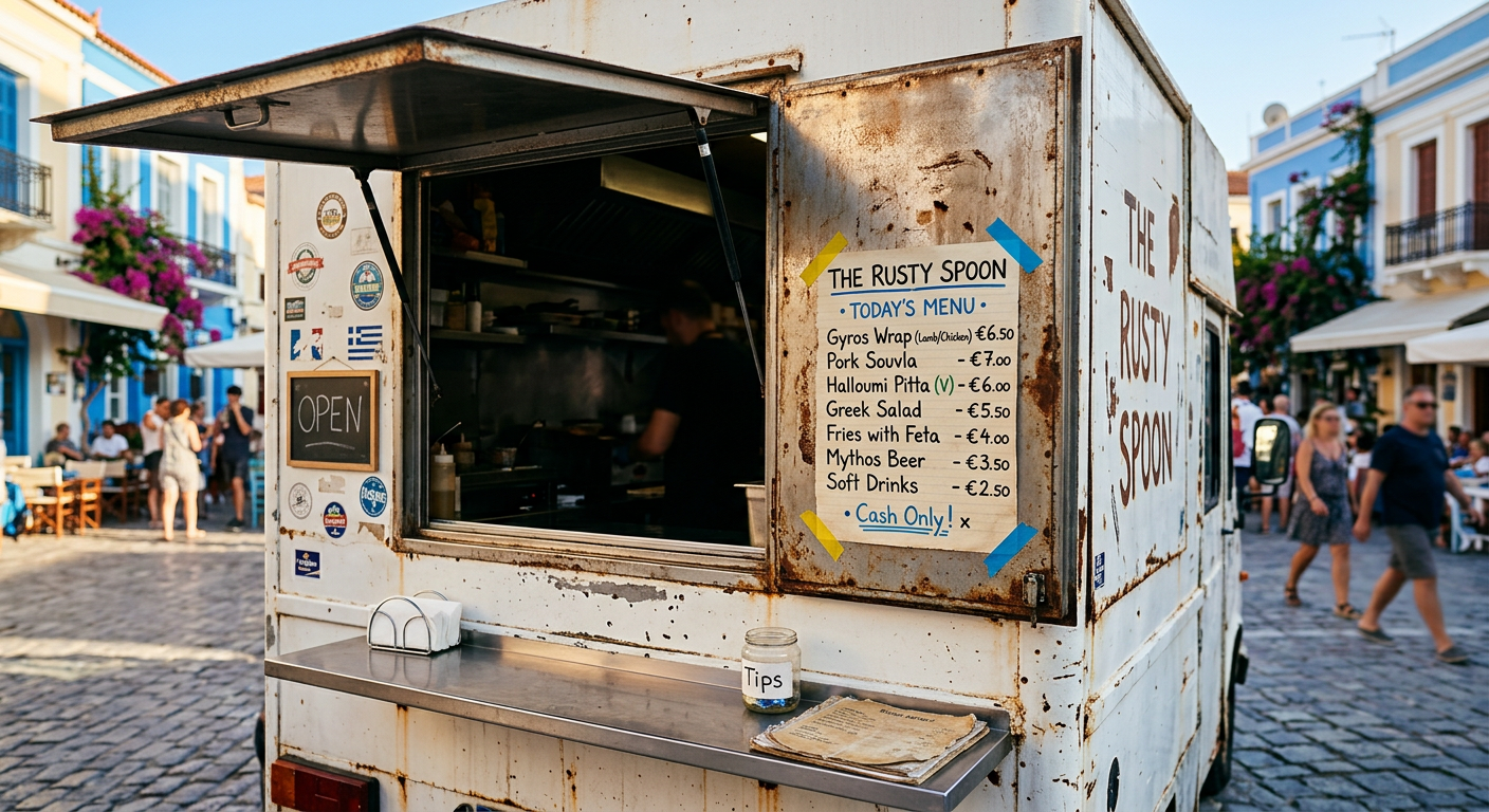 A rusted white metal food truck window with a short handwritten menu taped to the side