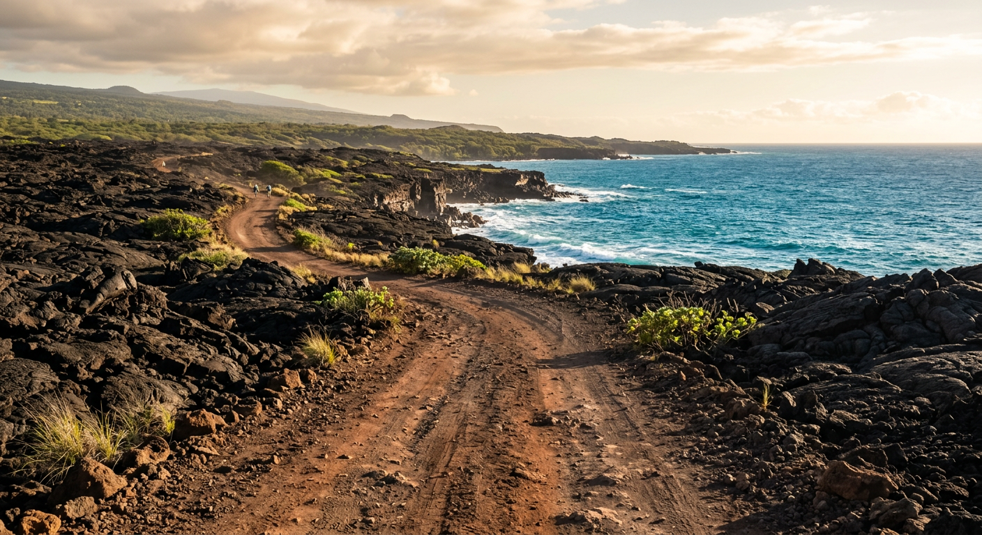 A dusty, unpaved trail cutting through dark volcanic rock toward the ocean on the Big Island
