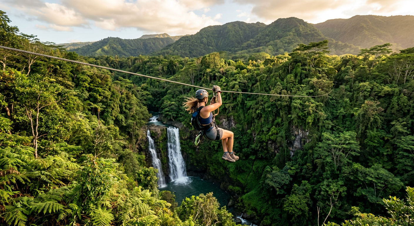 A person ziplining over a lush green canopy and hidden waterfalls on the Big Island of Hawaii