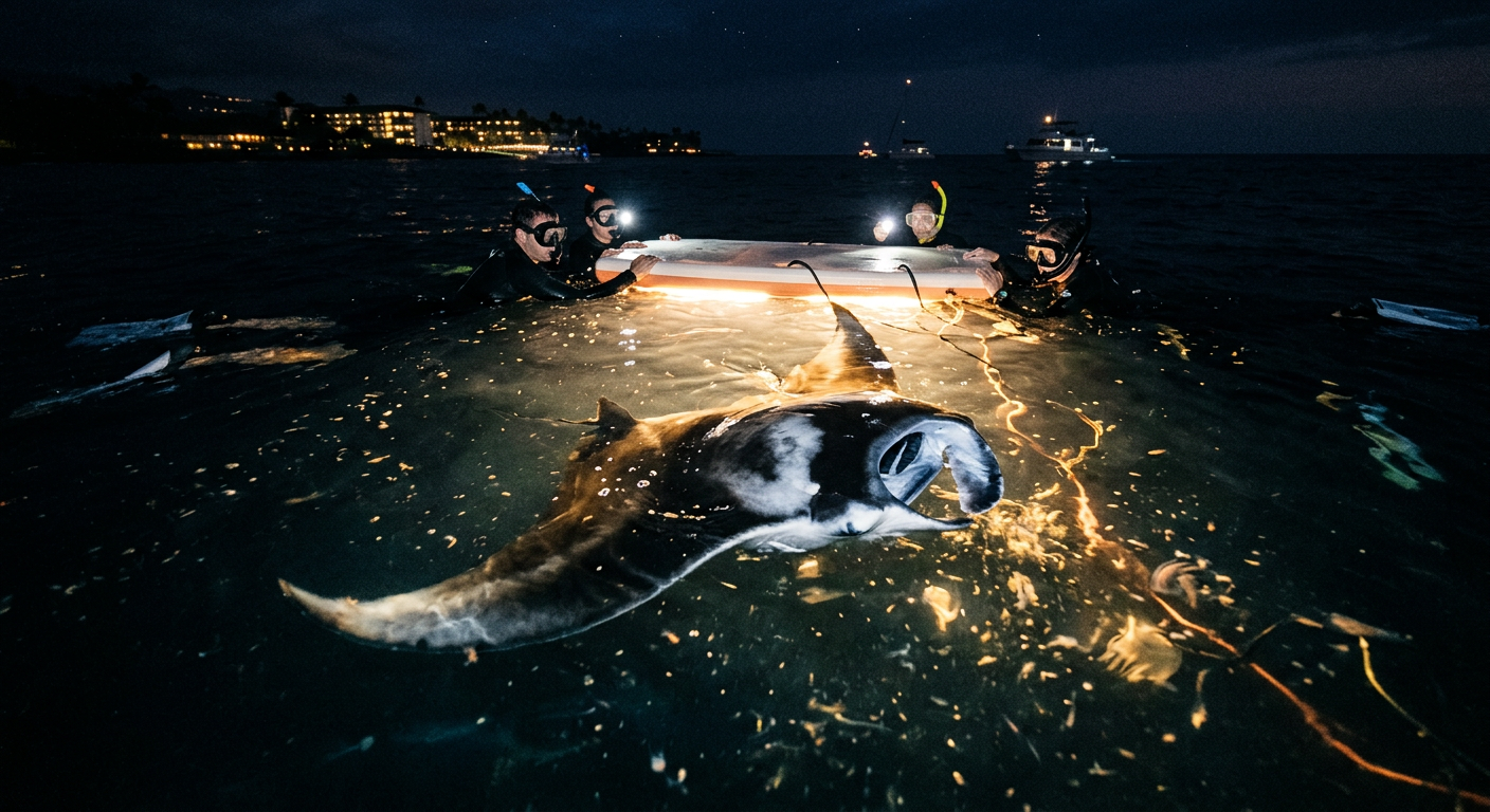 Snorkelers holding onto an illuminated light board at night while a large manta ray glides upward from the dark water