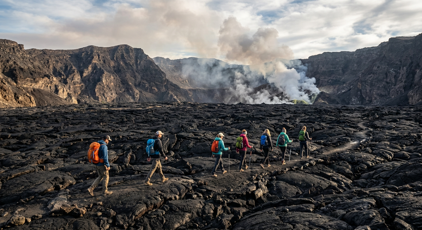 Hikers walking across the vast black expanse of a solidified lava lake inside a steaming volcanic crater