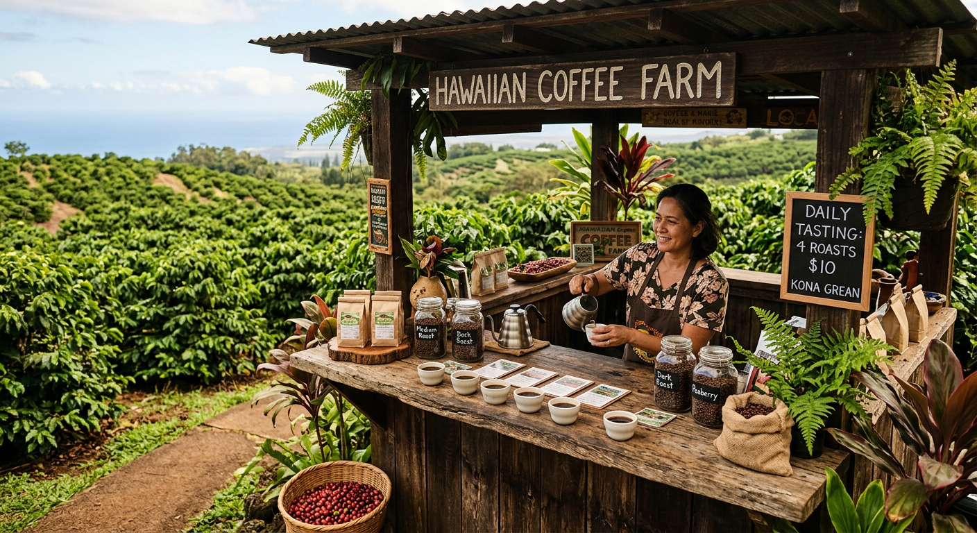 A rustic coffee tasting stand on the Big Island with a backdrop of green coffee plants