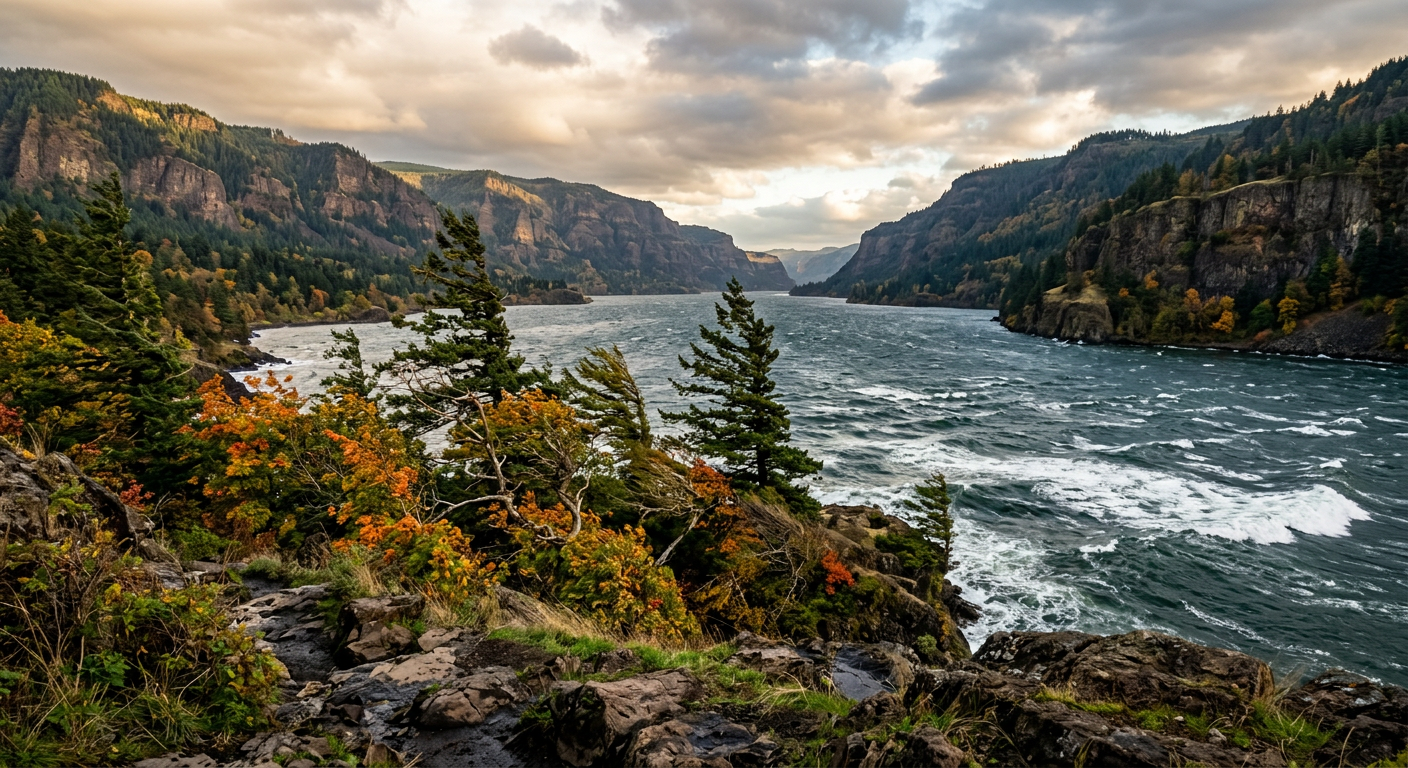 Turbulent water and wind-swept trees along the Columbia River Gorge