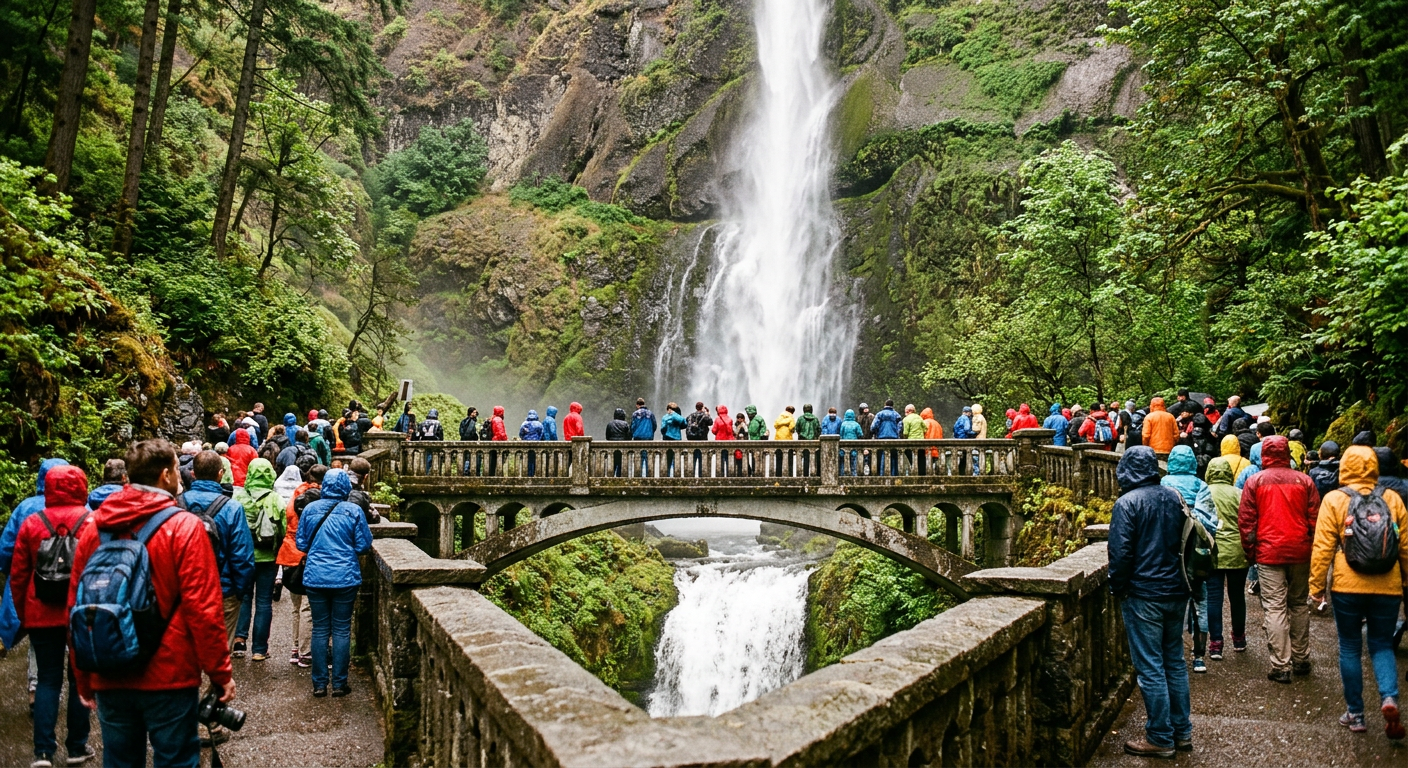Tourists wearing rain jackets standing on the crowded stone Benson Bridge in front of Multnomah Falls