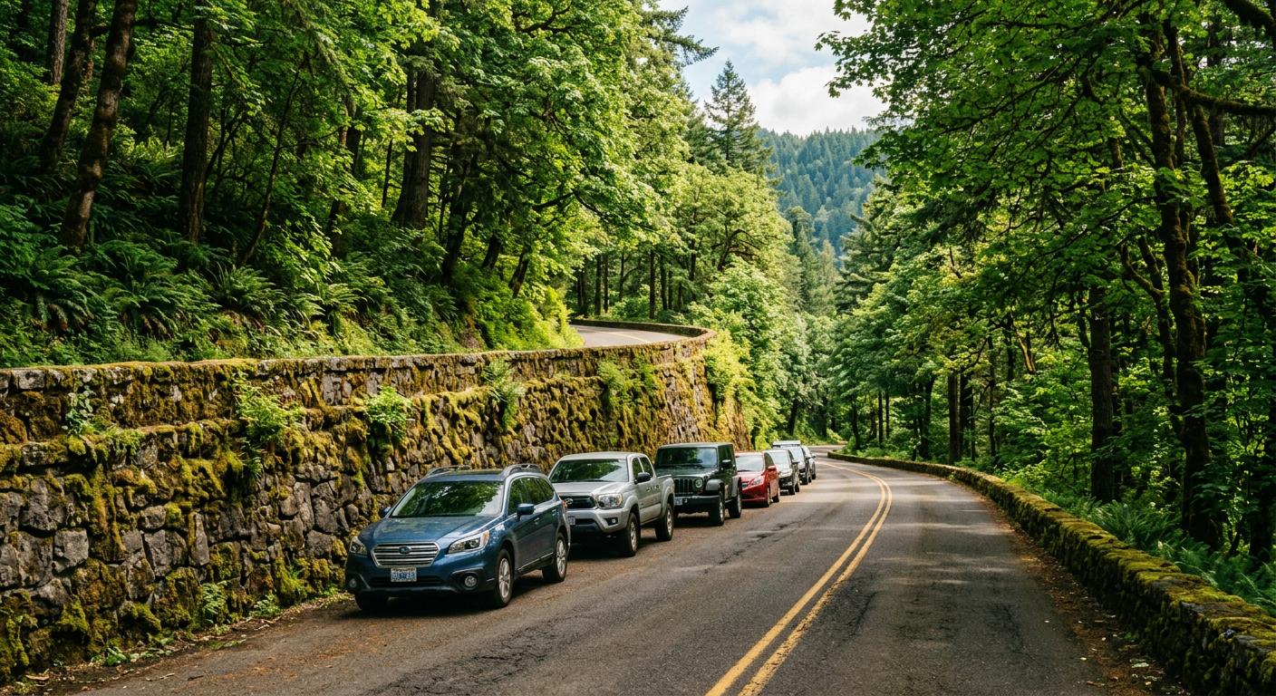 Cars parked tightly along the mossy stone walls of the Historic Columbia River Highway under a canopy of green trees