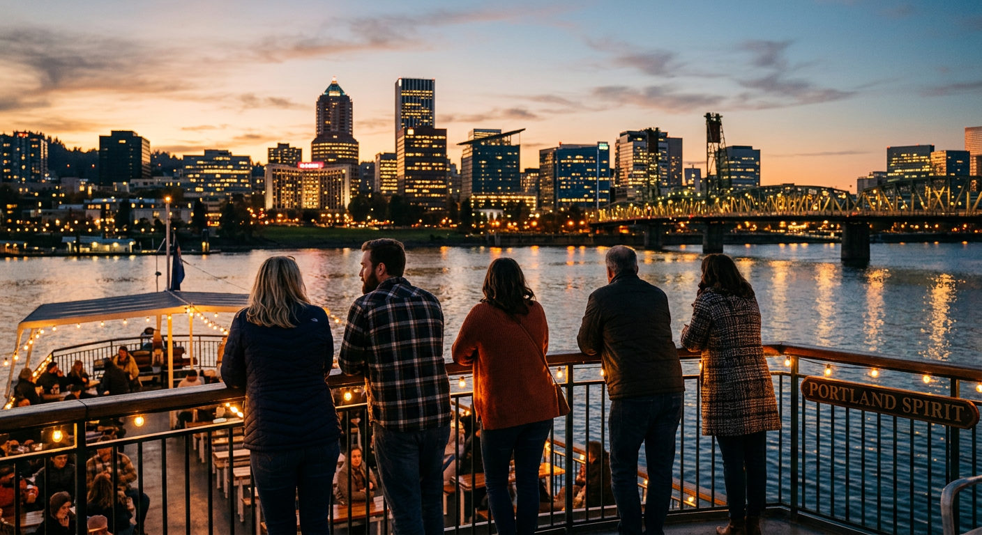 Passengers leaning against the railing of a riverboat at dusk, looking toward the Portland skyline