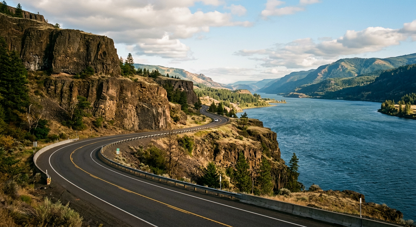 A lonely stretch of Highway 14 winding past exposed basalt cliffs on the Washington side of the river