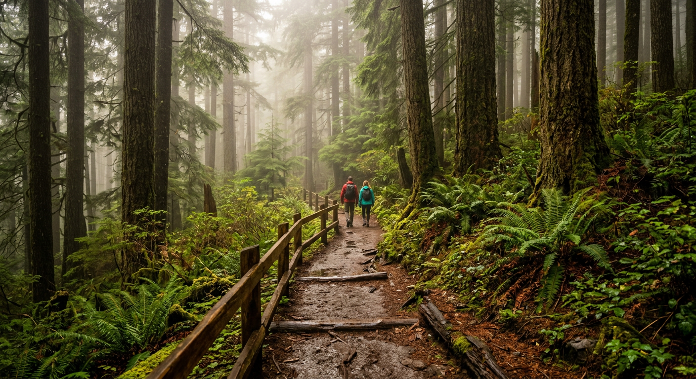 Mist rolling through the dense evergreen trees along a wet hiking trail in the Pacific Northwest